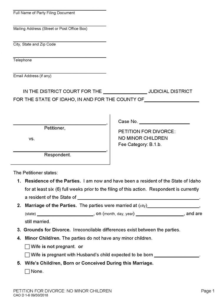 Petition for Divorce in Idaho. No minor children.